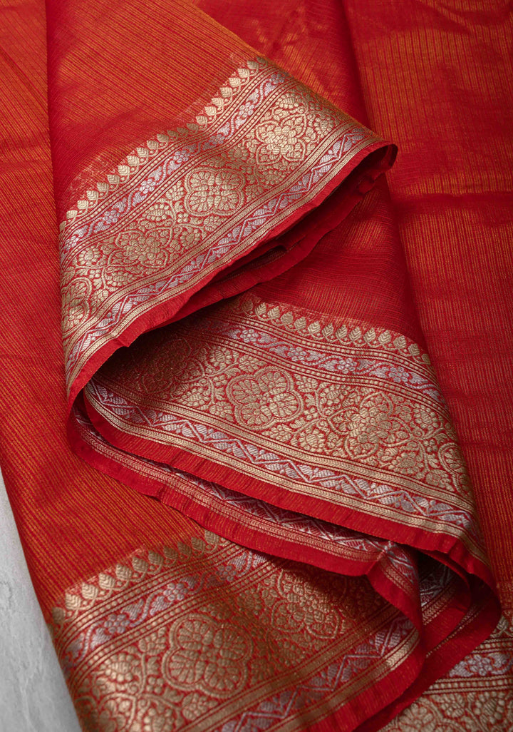 Red Kota Doria Tissue Cotton Saree with Sona Rupa Zari Border