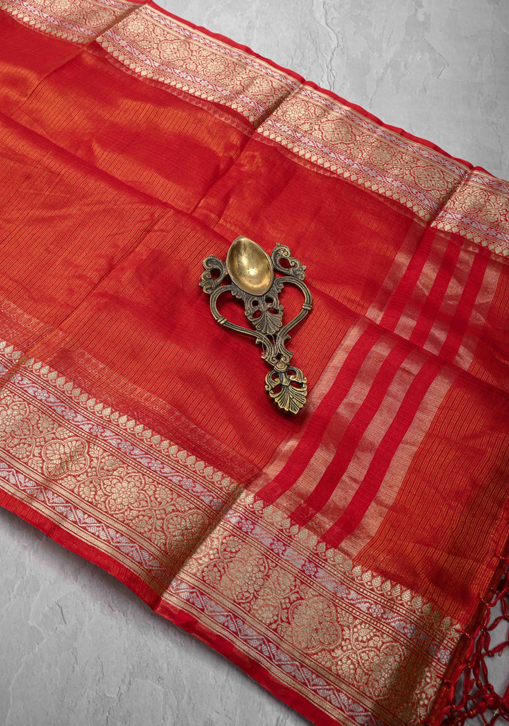 Red Kota Doria Tissue Cotton Saree with Sona Rupa Zari Border
