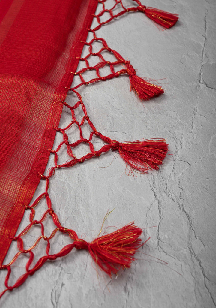 Red Kota Doria Tissue Cotton Saree with Sona Rupa Zari Border