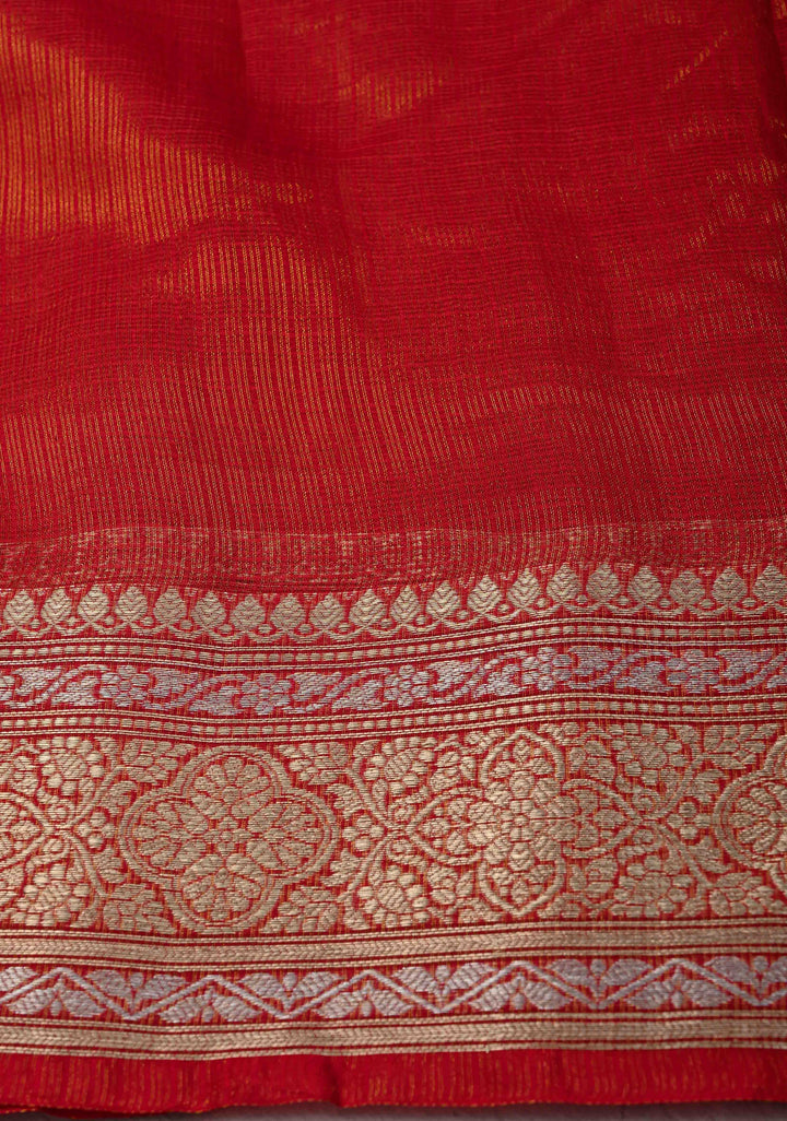 Red Kota Doria Tissue Cotton Saree with Sona Rupa Zari Border