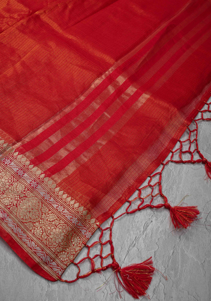 Red Kota Doria Tissue Cotton Saree with Sona Rupa Zari Border