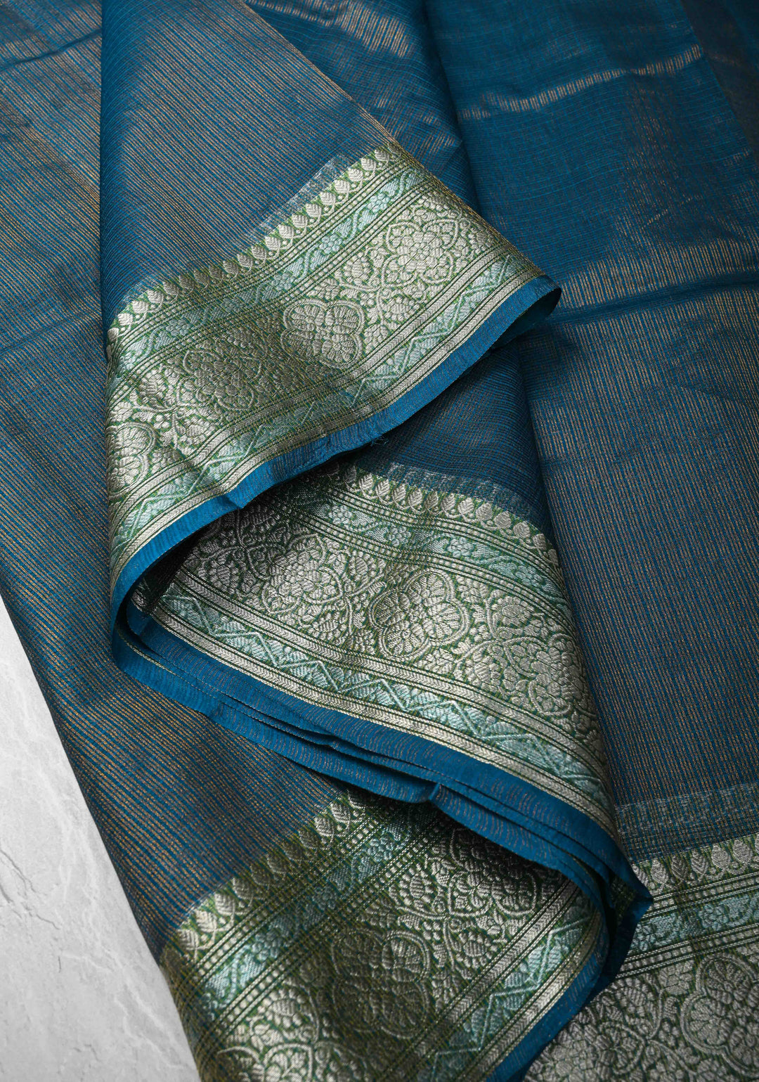 Peacock Blue Kota Doria Tissue Cotton Saree with Sona Rupa Zari Border