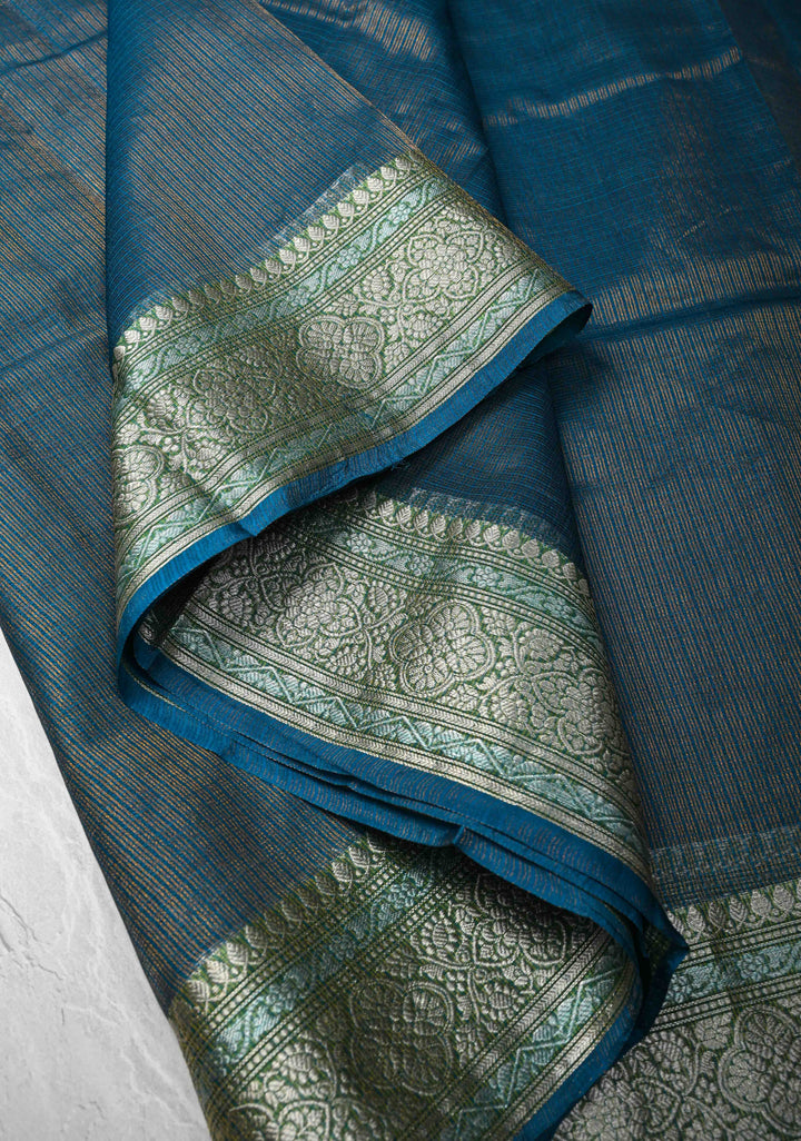 Peacock Blue Kota Doria Tissue Cotton Saree with Sona Rupa Zari Border