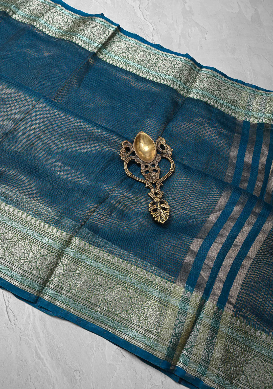 Peacock Blue Kota Doria Tissue Cotton Saree with Sona Rupa Zari Border