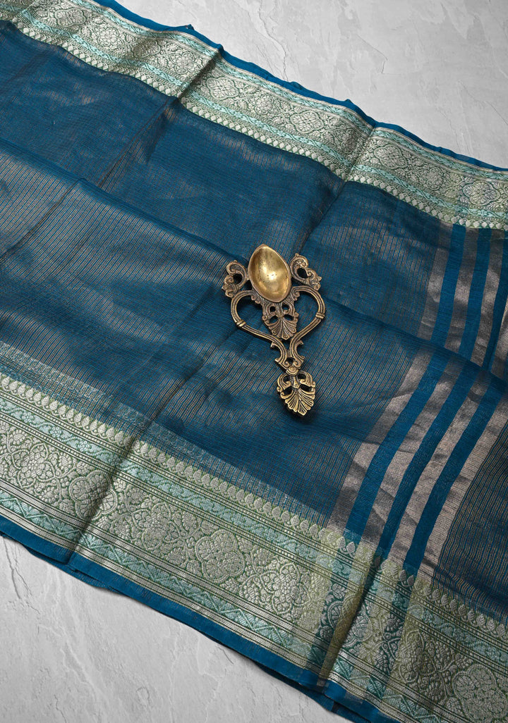 Peacock Blue Kota Doria Tissue Cotton Saree with Sona Rupa Zari Border