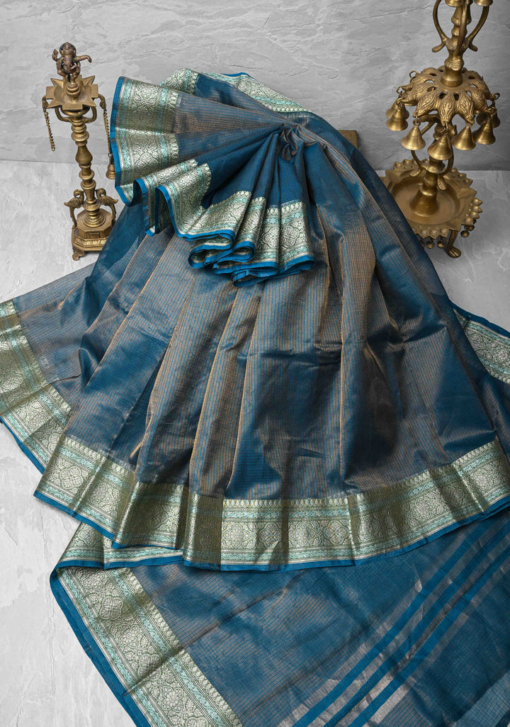 Peacock Blue Kota Doria Tissue Cotton Saree with Sona Rupa Zari Border