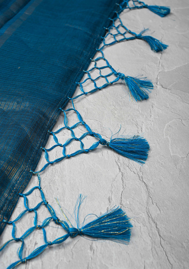 Peacock Blue Kota Doria Tissue Cotton Saree with Sona Rupa Zari Border