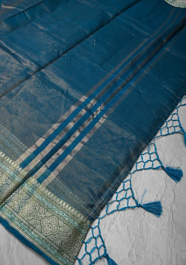 Peacock Blue Kota Doria Tissue Cotton Saree with Sona Rupa Zari Border