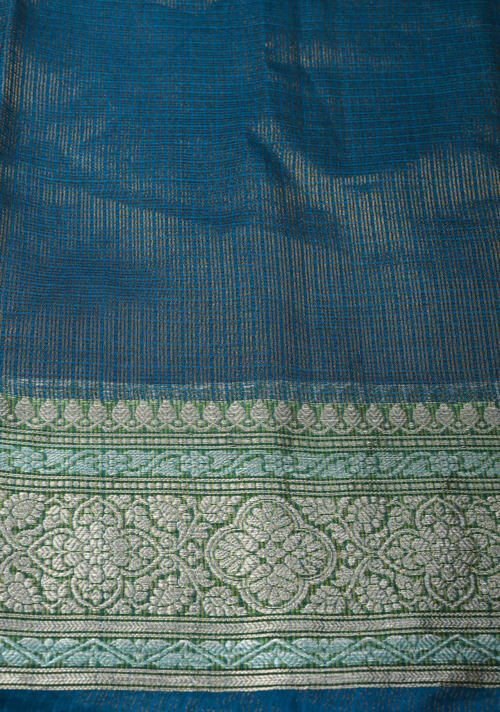 Peacock Blue Kota Doria Tissue Cotton Saree with Sona Rupa Zari Border