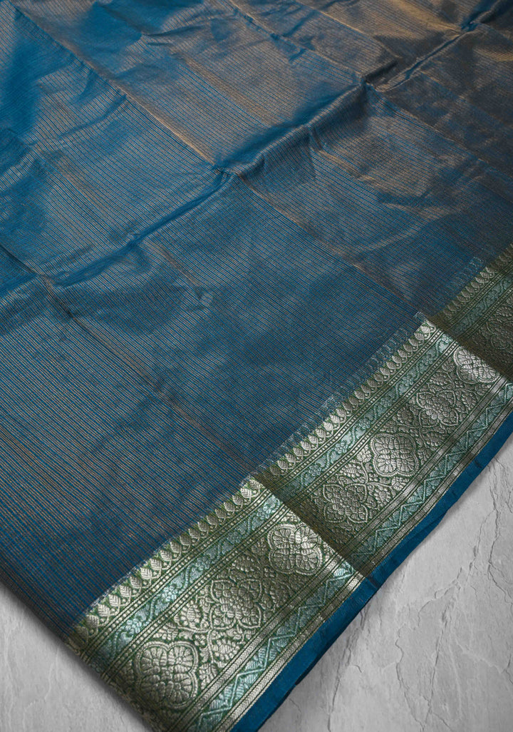 Peacock Blue Kota Doria Tissue Cotton Saree with Sona Rupa Zari Border