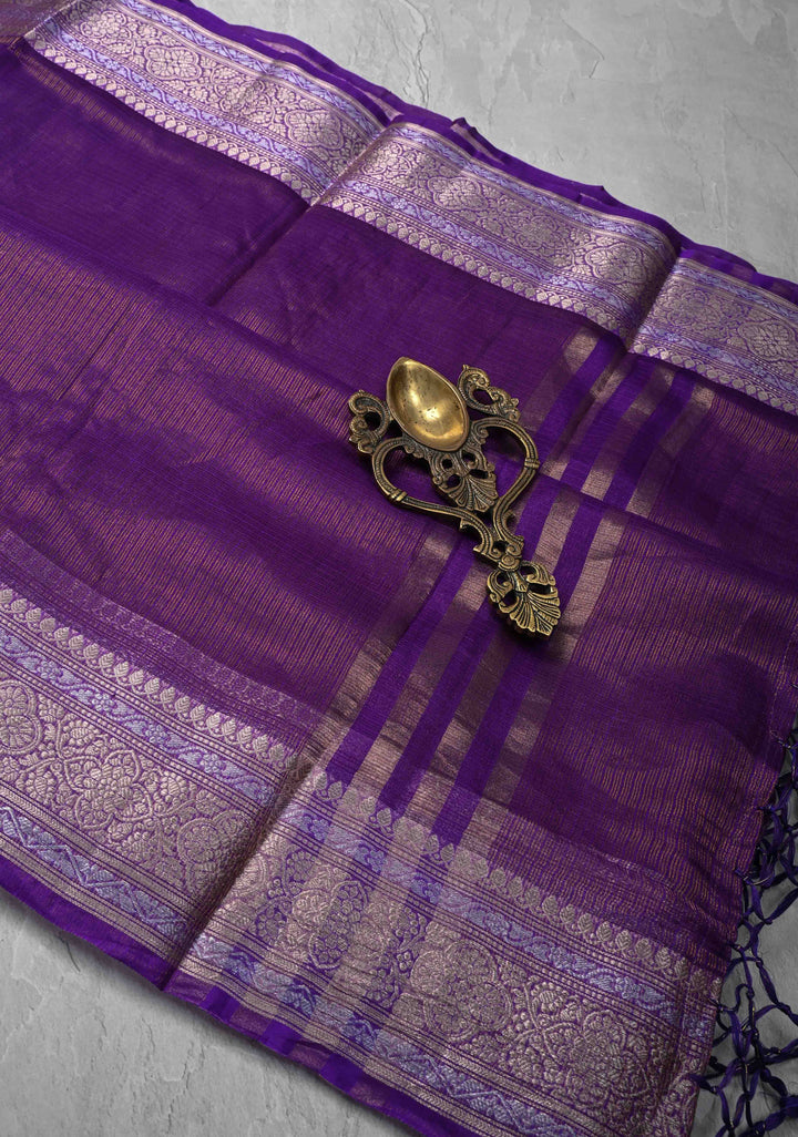 Purple Kota Doria Tissue Cotton Saree with Sona Rupa Zari Border