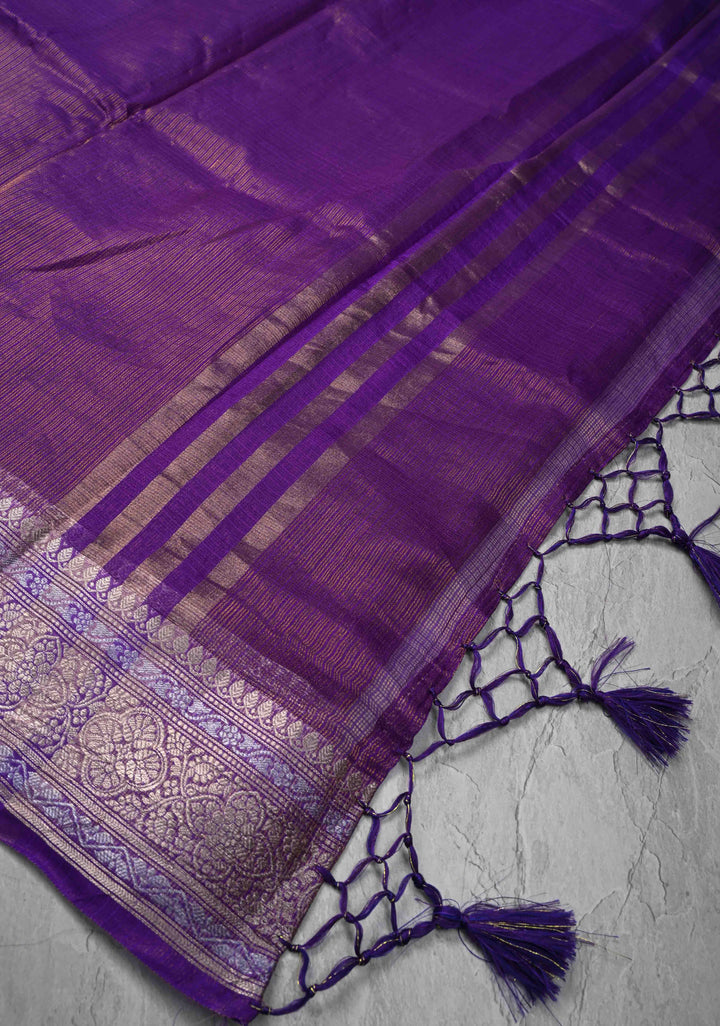 Purple Kota Doria Tissue Cotton Saree with Sona Rupa Zari Border