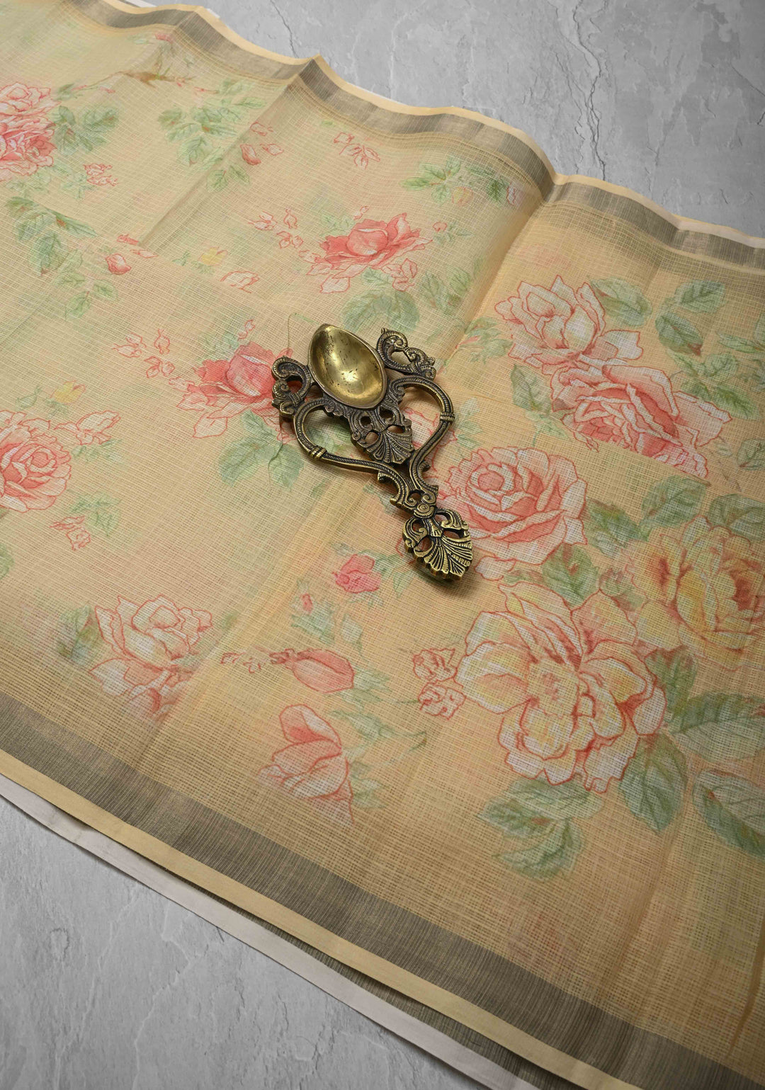 Beige Kota Doria Cotton Saree with Floral Digital Print And Minimal Zari Border