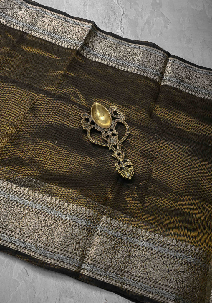 Black Kota Doria Tissue Cotton Saree with Sona Rupa Zari Border