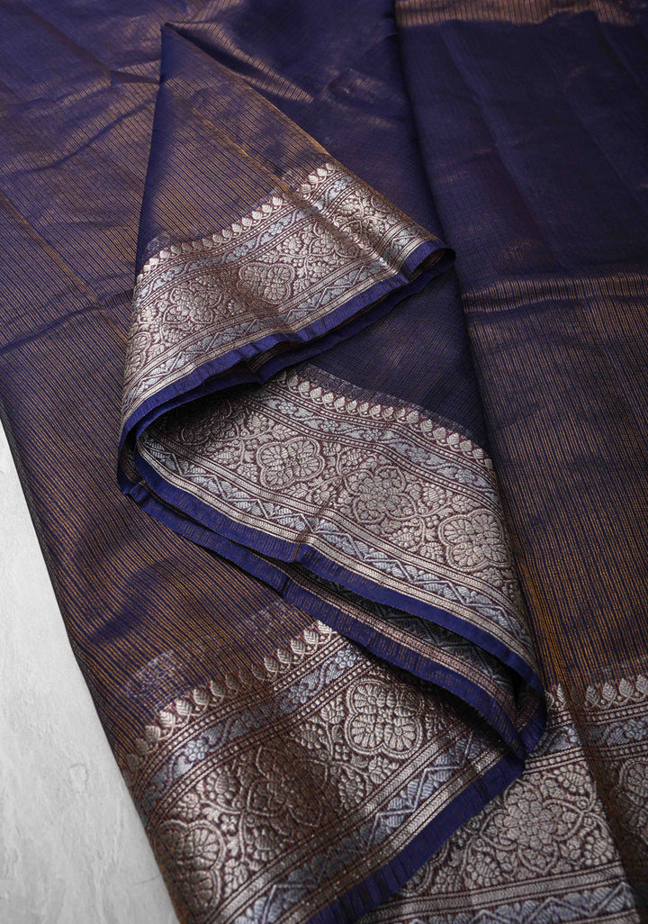Dark Sapphire Kota Doria Tissue Cotton Saree with Sona Rupa Zari Border