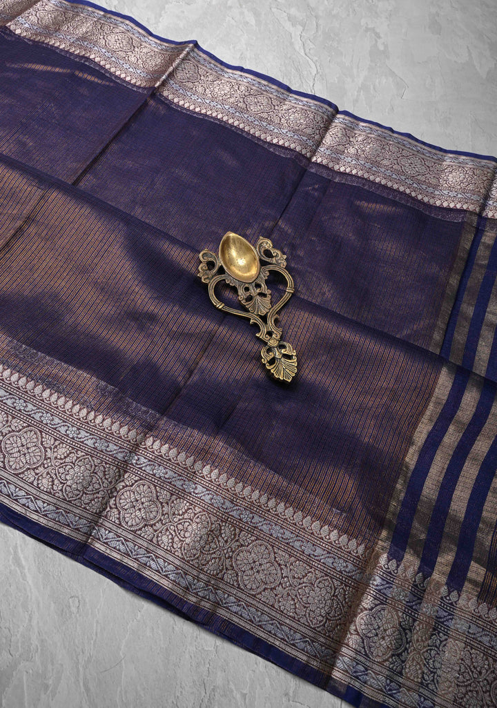 Dark Sapphire Kota Doria Tissue Cotton Saree with Sona Rupa Zari Border