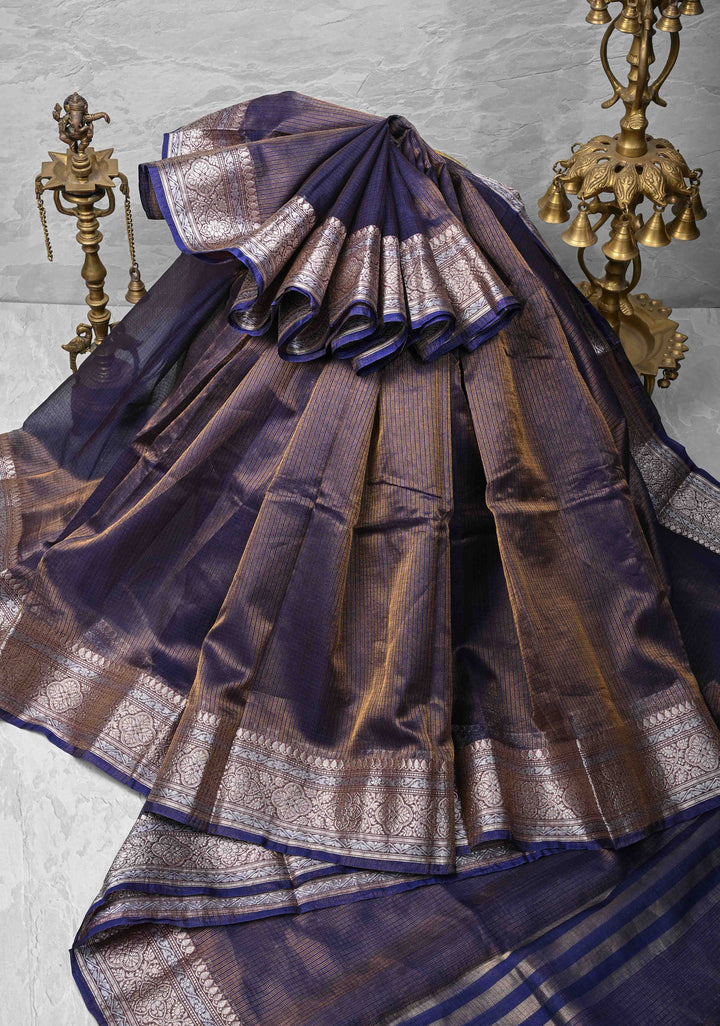 Dark Sapphire Kota Doria Tissue Cotton Saree with Sona Rupa Zari Border