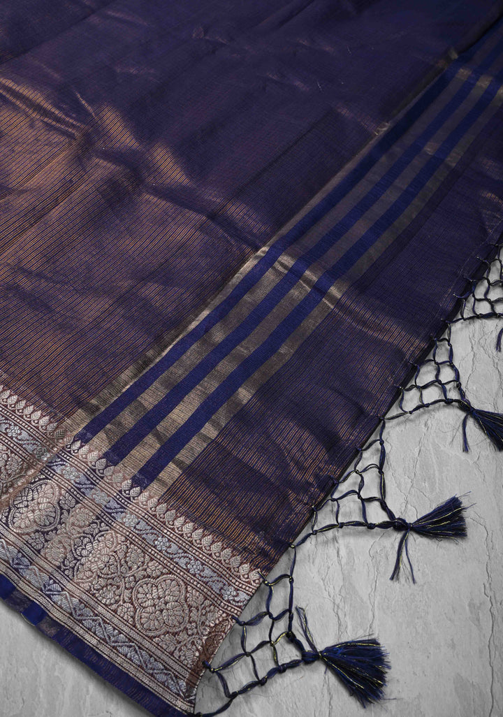 Dark Sapphire Kota Doria Tissue Cotton Saree with Sona Rupa Zari Border
