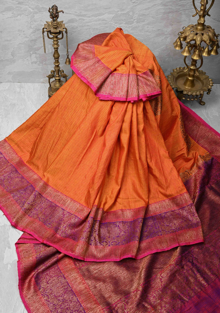 Pure Banarasi Dupion Silk Saree in Orange with Antique Damask Buttas and Zari Border | SILK MARK CERTIFIED