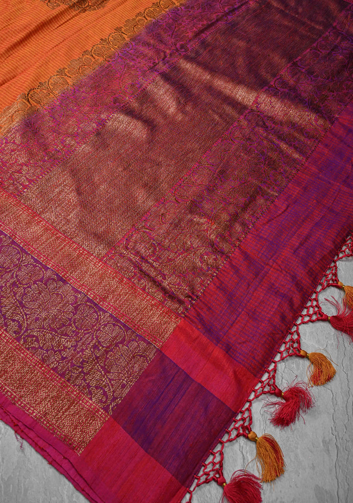 Pure Banarasi Dupion Silk Saree in Orange with Antique Damask Buttas and Zari Border | SILK MARK CERTIFIED
