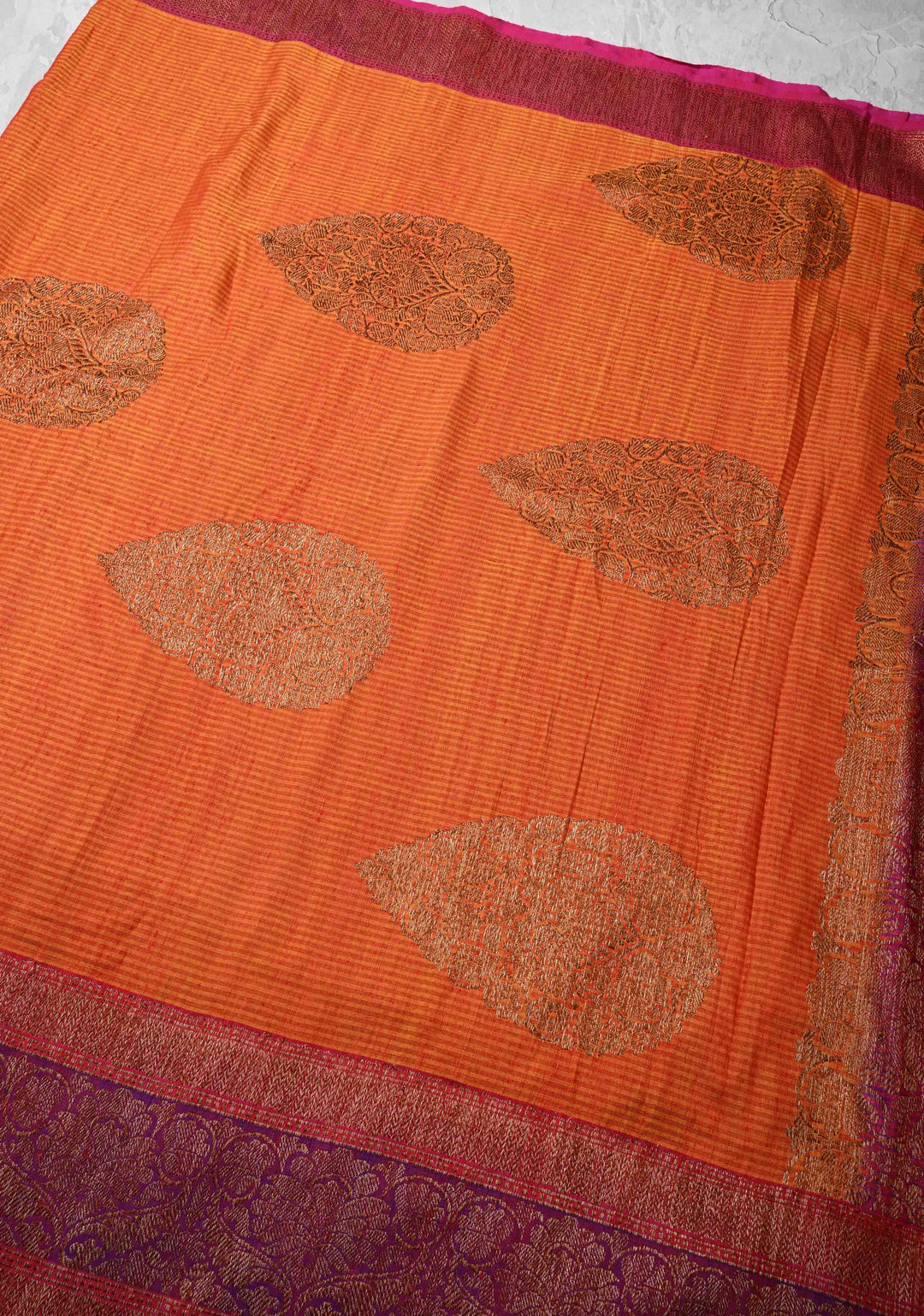 Pure Banarasi Dupion Silk Saree in Orange with Antique Damask Buttas and Zari Border | SILK MARK CERTIFIED