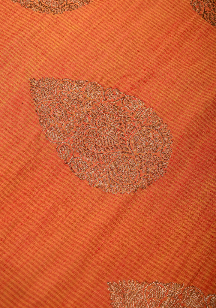 Pure Banarasi Dupion Silk Saree in Orange with Antique Damask Buttas and Zari Border | SILK MARK CERTIFIED