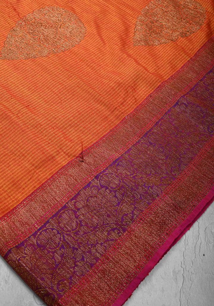 Pure Banarasi Dupion Silk Saree in Orange with Antique Damask Buttas and Zari Border | SILK MARK CERTIFIED