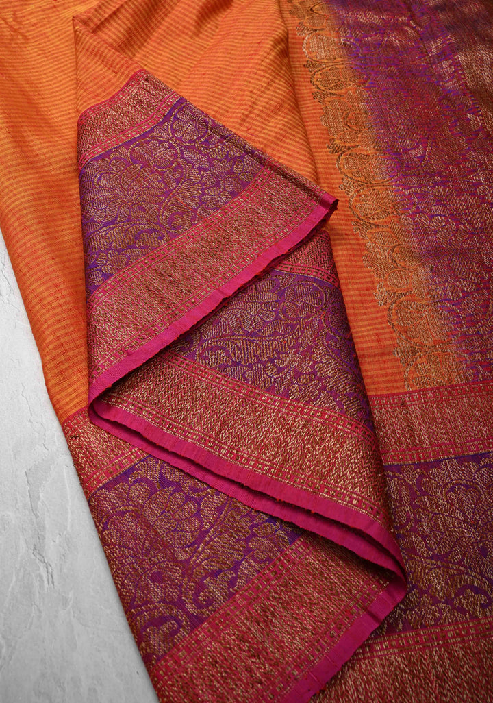 Pure Banarasi Dupion Silk Saree in Orange with Antique Damask Buttas and Zari Border | SILK MARK CERTIFIED