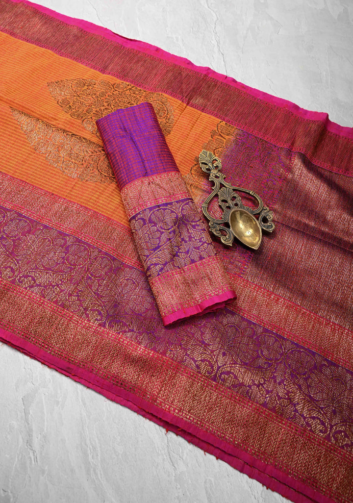 Pure Banarasi Dupion Silk Saree in Orange with Antique Damask Buttas and Zari Border | SILK MARK CERTIFIED