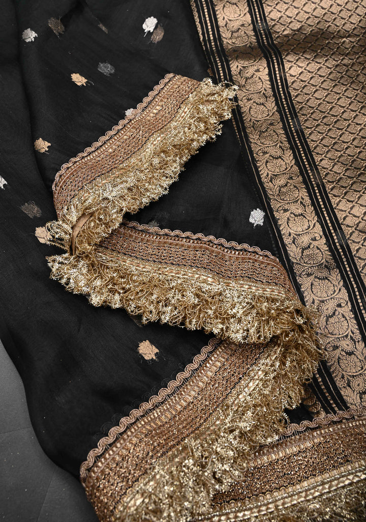 Black Organza Silk Saree with Sona Rupa Zari Buttas and Fancy Lace Trim Border | SILK MARK CERTIFIED