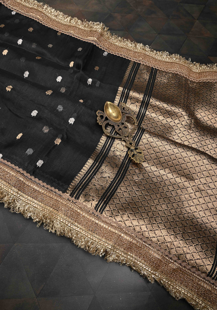 Black Organza Silk Saree with Sona Rupa Zari Buttas and Fancy Lace Trim Border | SILK MARK CERTIFIED