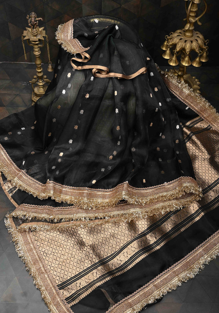 Black Organza Silk Saree with Sona Rupa Zari Buttas and Fancy Lace Trim Border | SILK MARK CERTIFIED