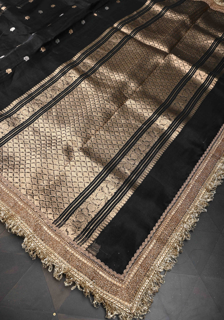 Black Organza Silk Saree with Sona Rupa Zari Buttas and Fancy Lace Trim Border | SILK MARK CERTIFIED
