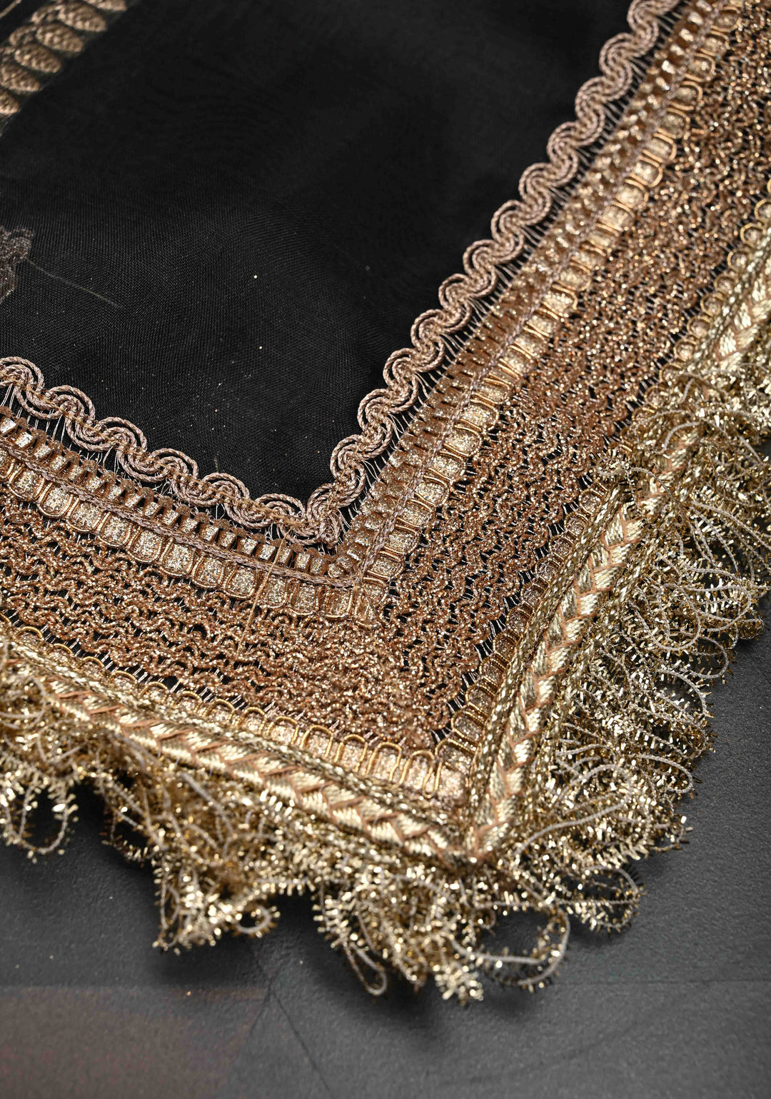 Black Organza Silk Saree with Sona Rupa Zari Buttas and Fancy Lace Trim Border | SILK MARK CERTIFIED