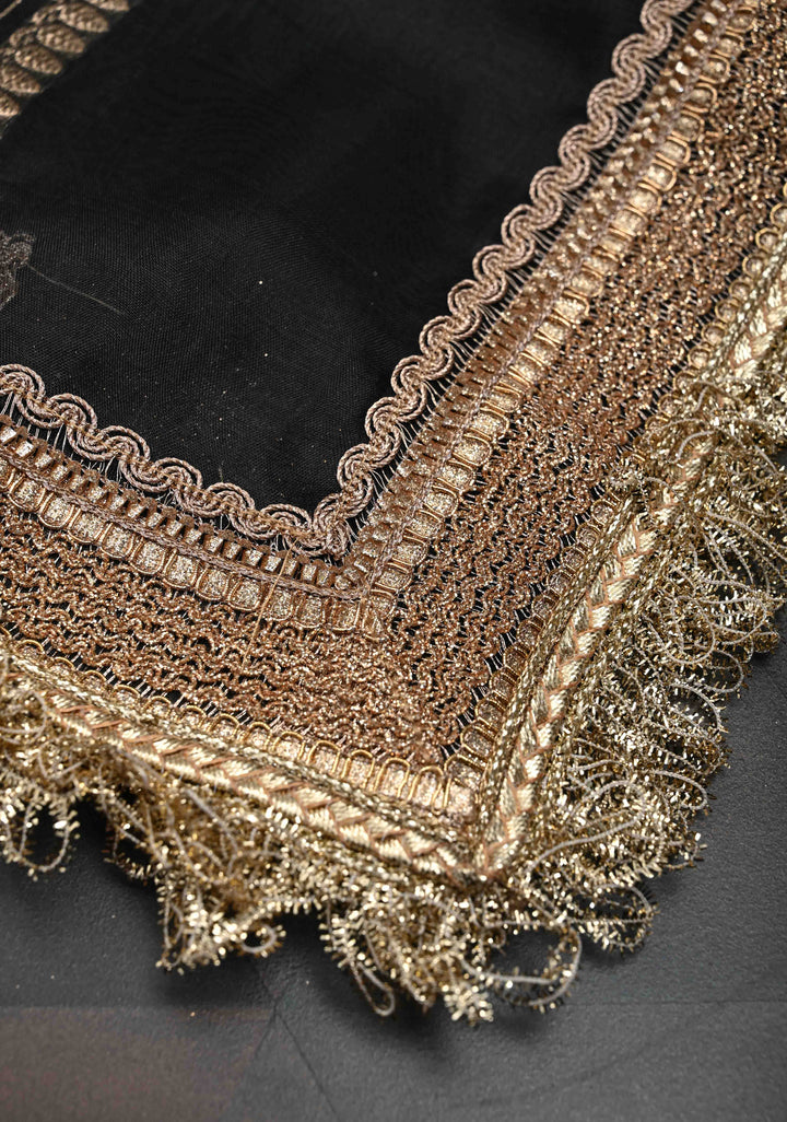Black Organza Silk Saree with Sona Rupa Zari Buttas and Fancy Lace Trim Border | SILK MARK CERTIFIED