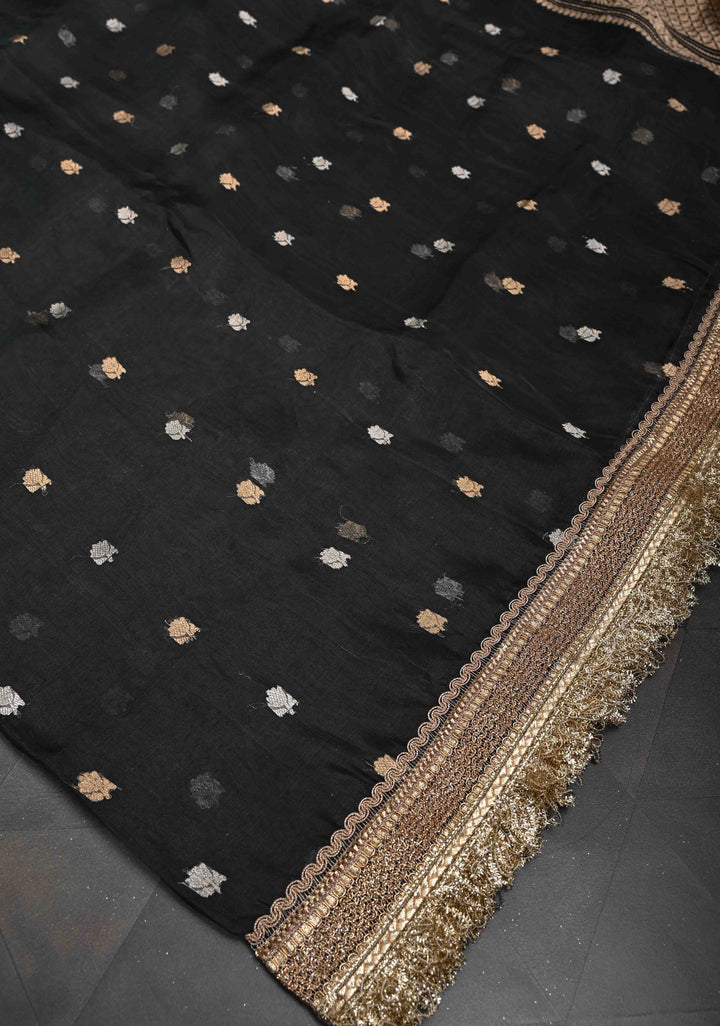 Black Organza Silk Saree with Sona Rupa Zari Buttas and Fancy Lace Trim Border | SILK MARK CERTIFIED