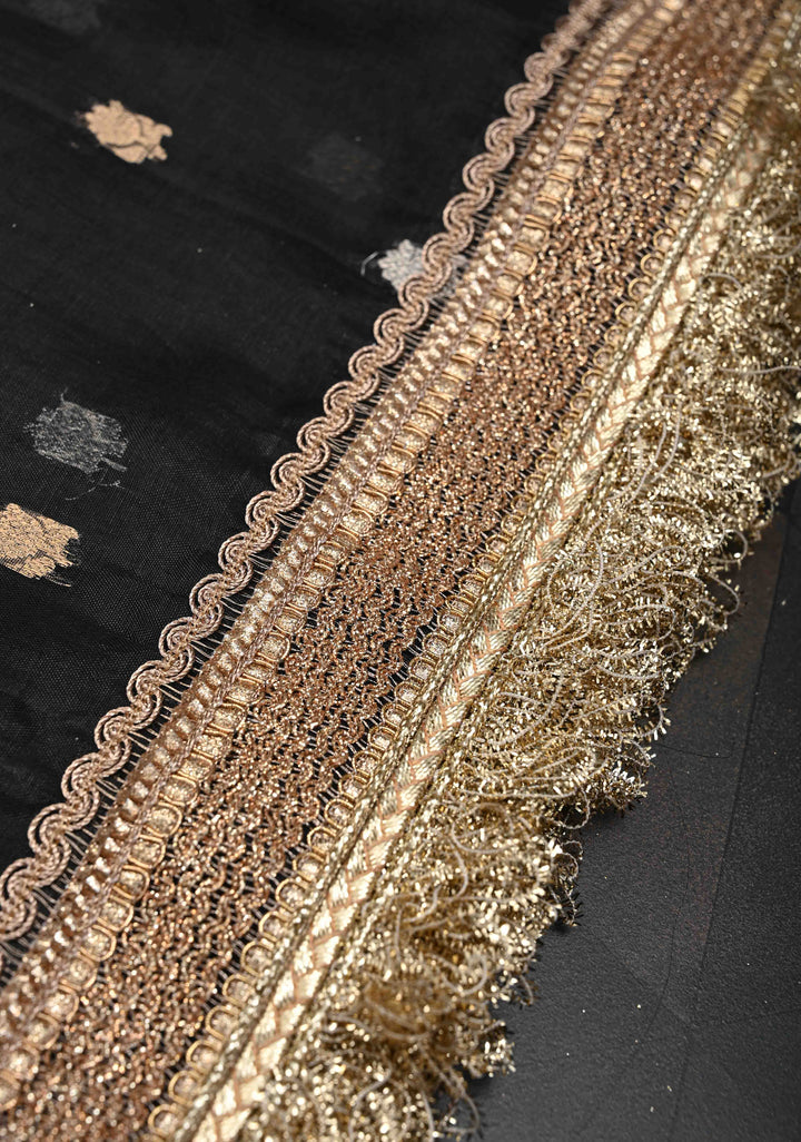 Black Organza Silk Saree with Sona Rupa Zari Buttas and Fancy Lace Trim Border | SILK MARK CERTIFIED