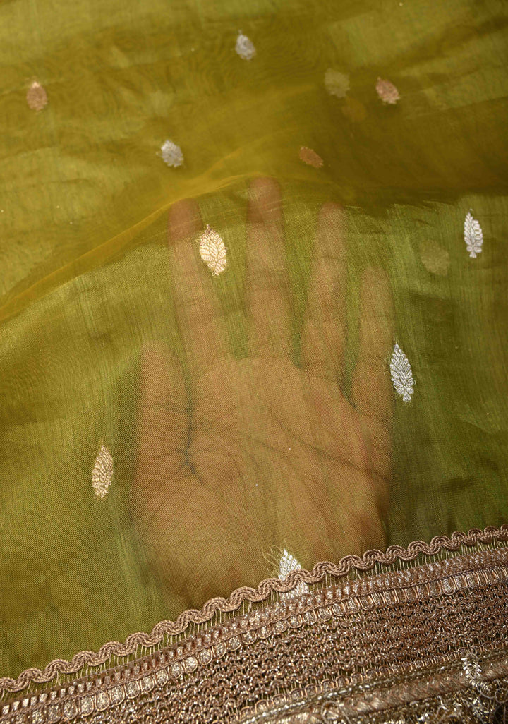 Deep Olive Green Organza Silk Saree with Sona Rupa Zari Buttas and Fancy Lace Trim Border | SILK MARK CERTIFIED