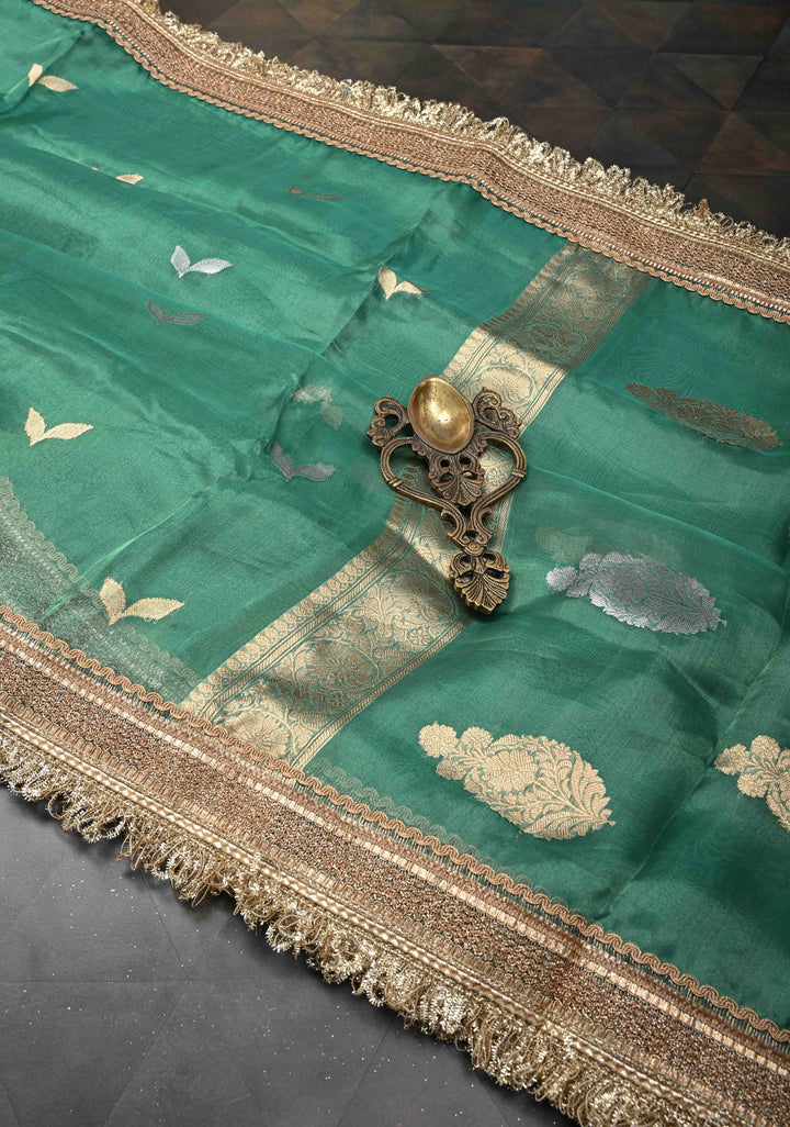 Sea Green Banarasi Pure Tissue Silk Saree with Sona Rupa Zari Buttas and Fancy Lace Trim Border | SILK MARK CERTIFIED