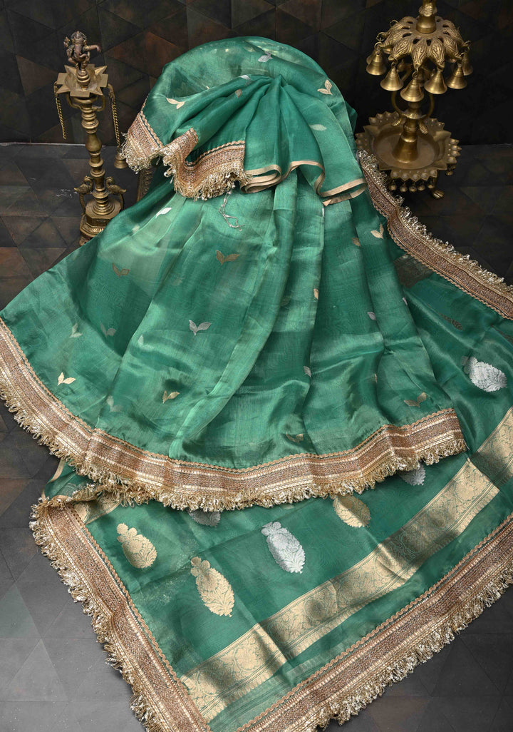 Sea Green Banarasi Pure Tissue Silk Saree with Sona Rupa Zari Buttas and Fancy Lace Trim Border | SILK MARK CERTIFIED