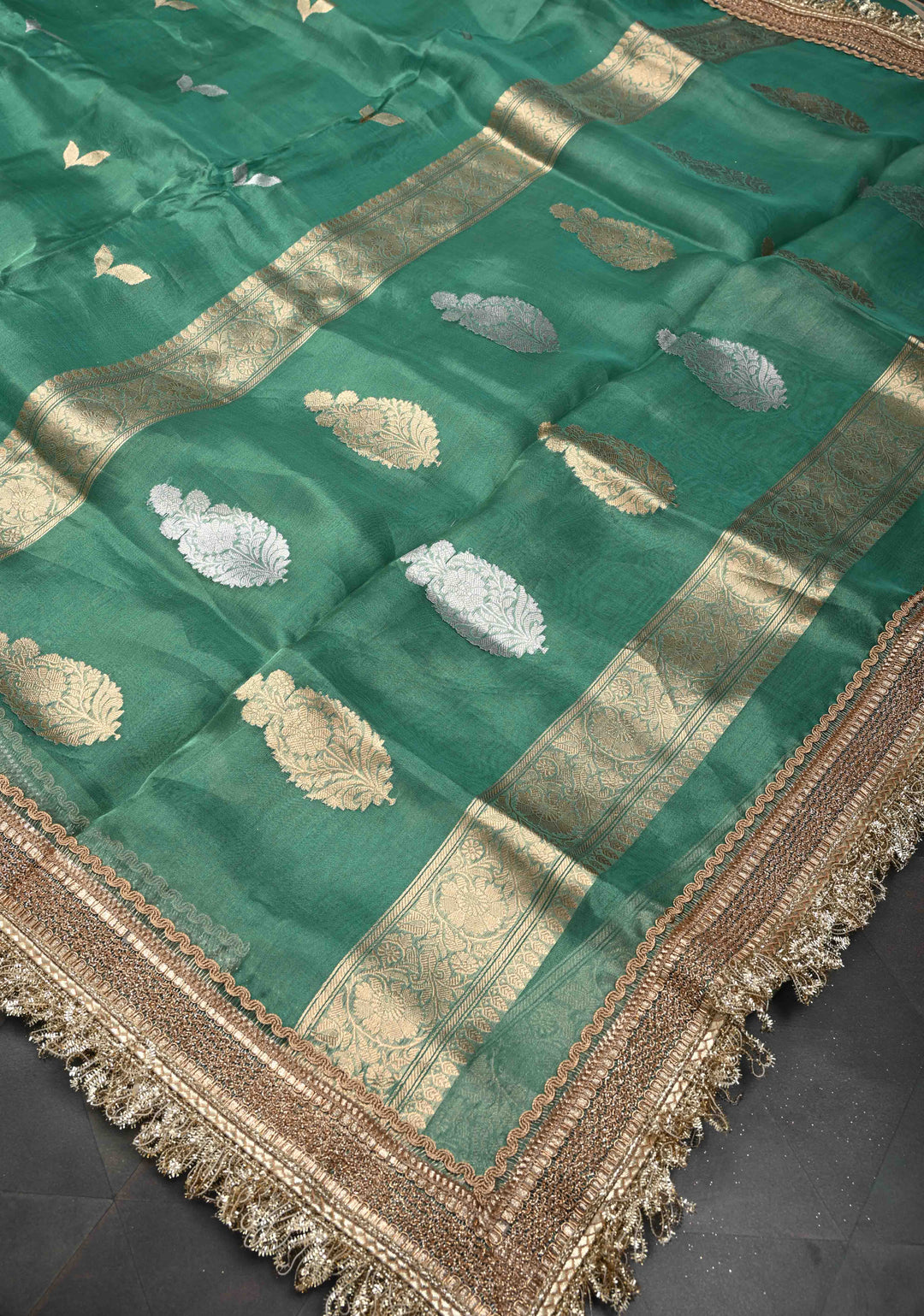 Sea Green Banarasi Pure Tissue Silk Saree with Sona Rupa Zari Buttas and Fancy Lace Trim Border | SILK MARK CERTIFIED