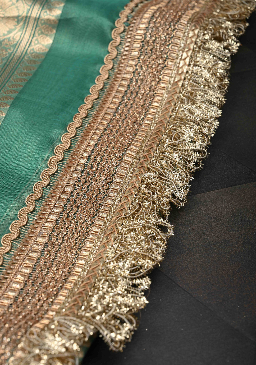 Sea Green Banarasi Pure Tissue Silk Saree with Sona Rupa Zari Buttas and Fancy Lace Trim Border | SILK MARK CERTIFIED