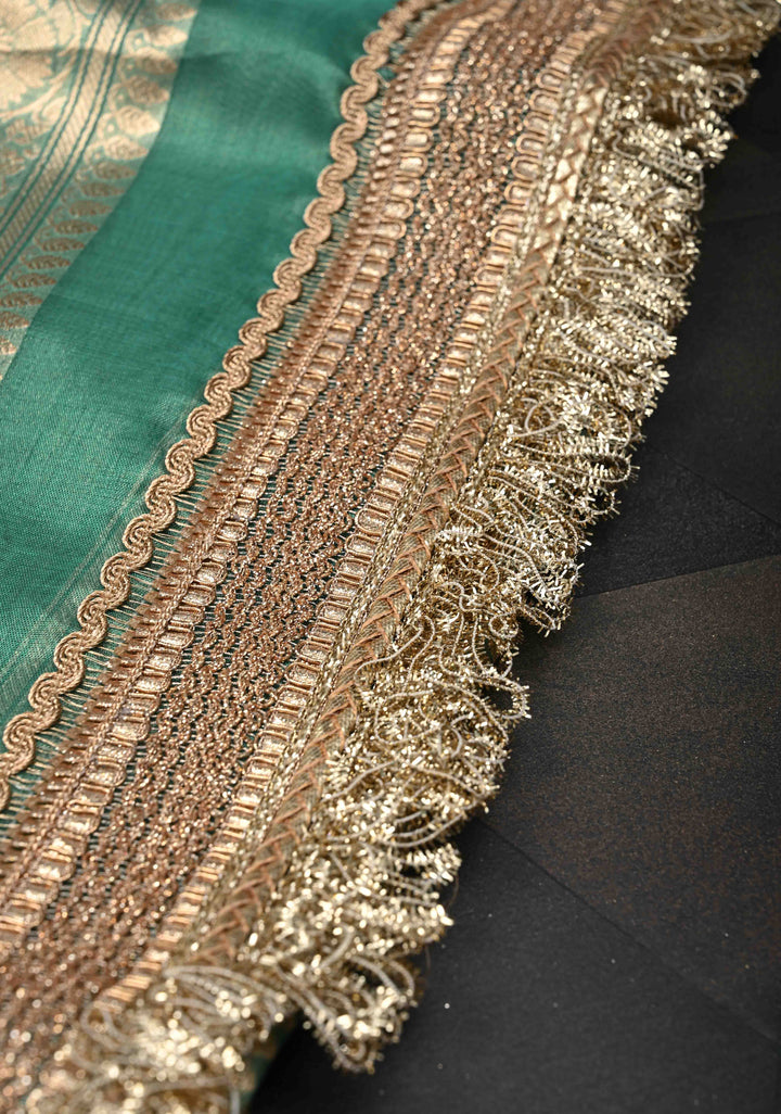 Sea Green Banarasi Pure Tissue Silk Saree with Sona Rupa Zari Buttas and Fancy Lace Trim Border | SILK MARK CERTIFIED