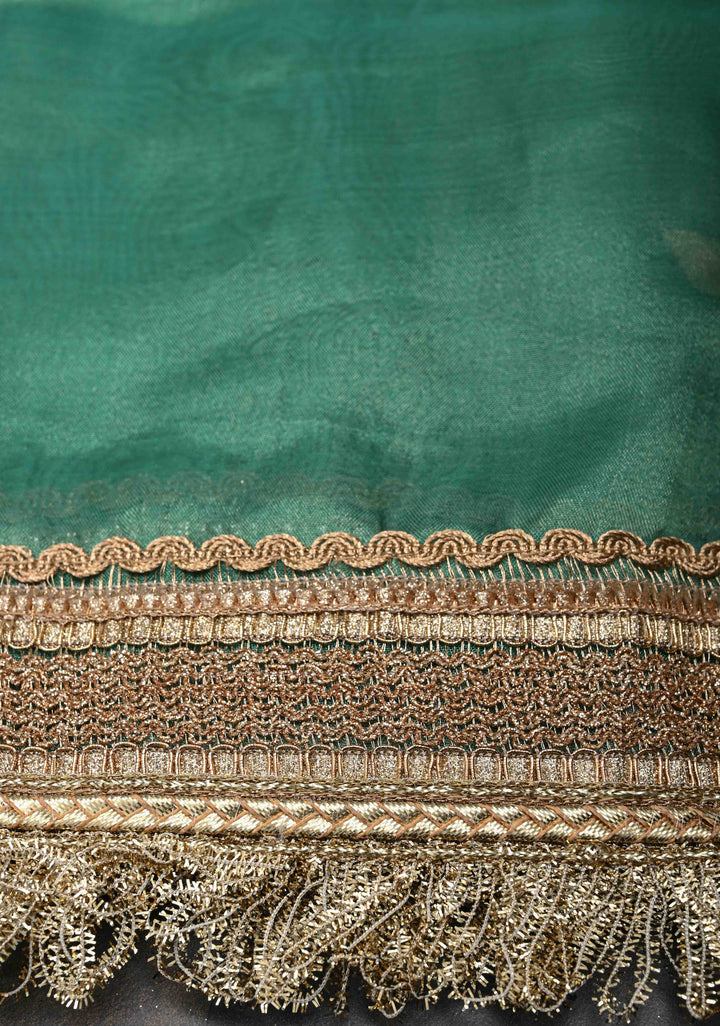 Sea Green Banarasi Pure Tissue Silk Saree with Sona Rupa Zari Buttas and Fancy Lace Trim Border | SILK MARK CERTIFIED