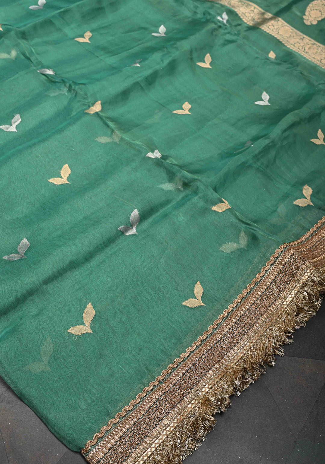 Sea Green Banarasi Pure Tissue Silk Saree with Sona Rupa Zari Buttas and Fancy Lace Trim Border | SILK MARK CERTIFIED