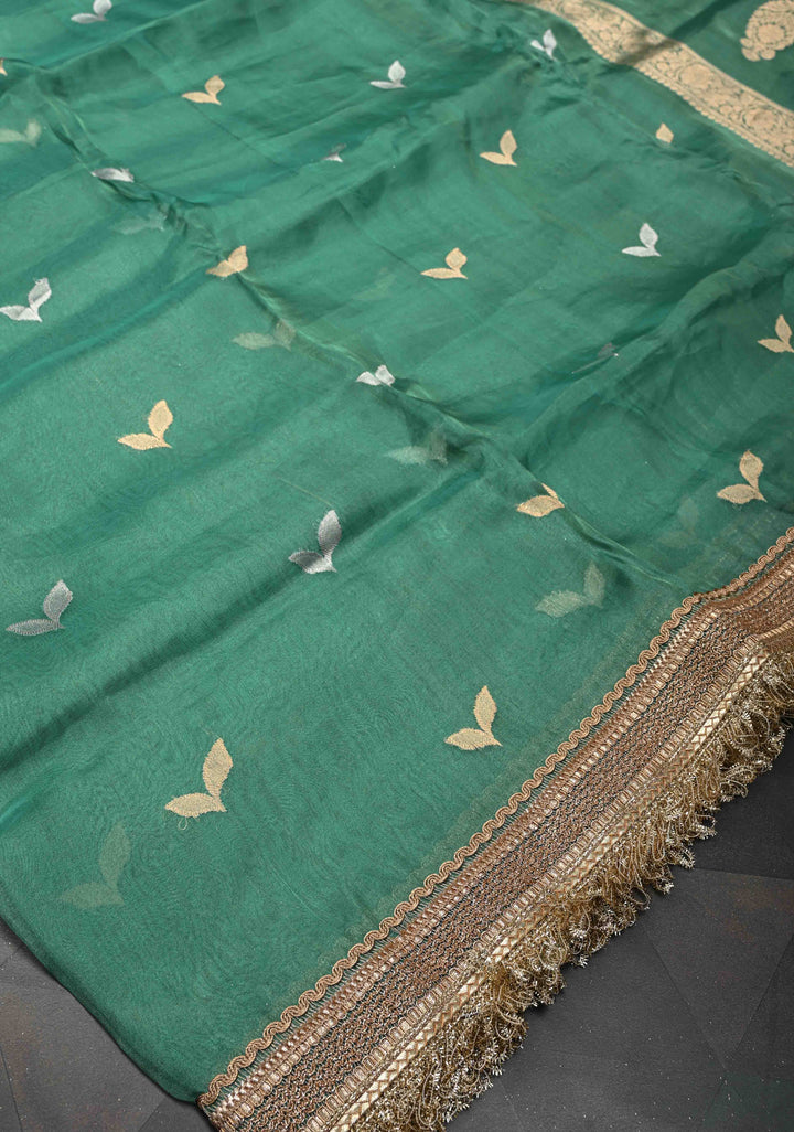 Sea Green Banarasi Pure Tissue Silk Saree with Sona Rupa Zari Buttas and Fancy Lace Trim Border | SILK MARK CERTIFIED