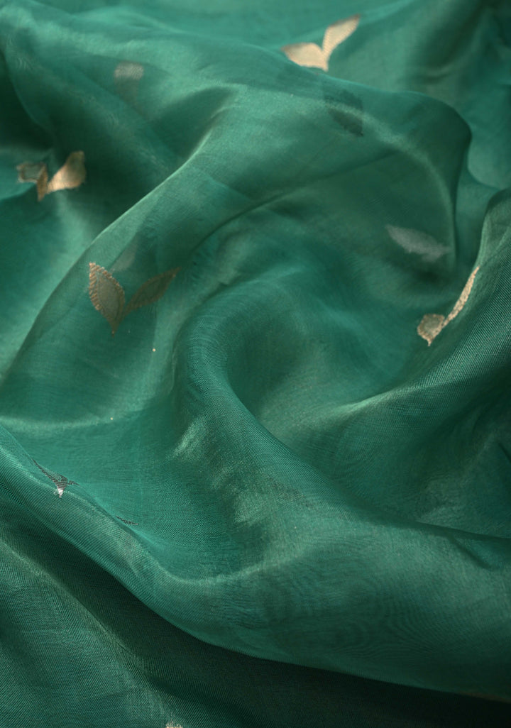 Sea Green Banarasi Pure Tissue Silk Saree with Sona Rupa Zari Buttas and Fancy Lace Trim Border | SILK MARK CERTIFIED