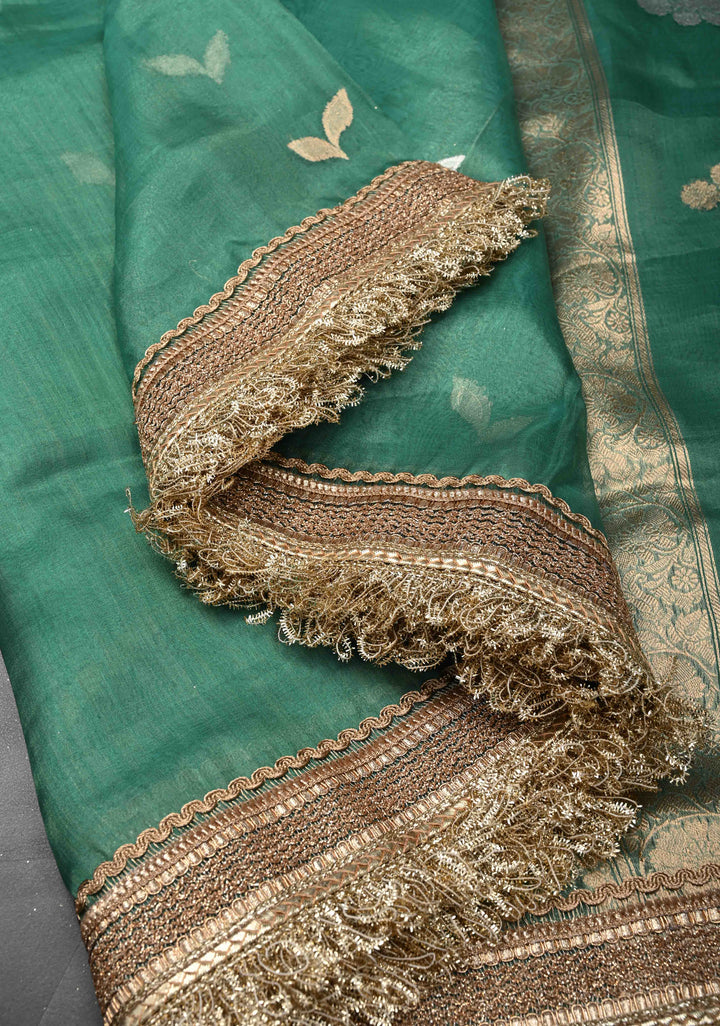 Sea Green Banarasi Pure Tissue Silk Saree with Sona Rupa Zari Buttas and Fancy Lace Trim Border | SILK MARK CERTIFIED