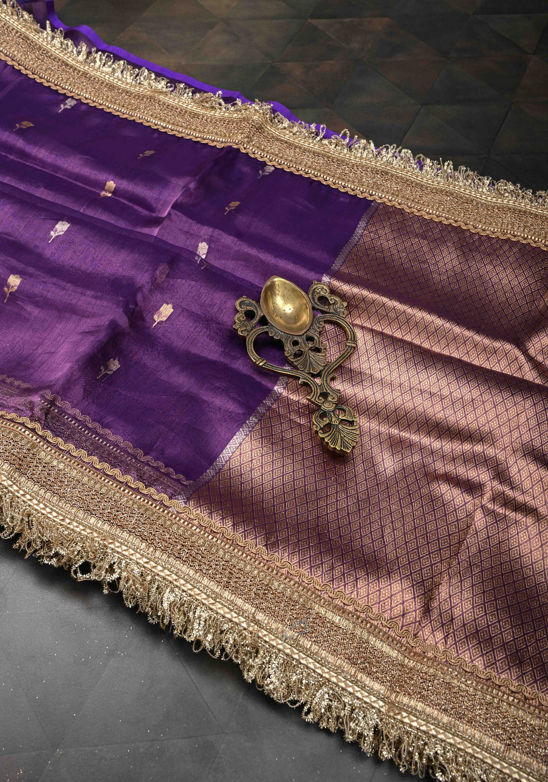 Purple Banarasi Pure Tissue Silk Saree with Sona Rupa Zari Buttas and Fancy Lace Trim Border | SILK MARK CERTIFIED