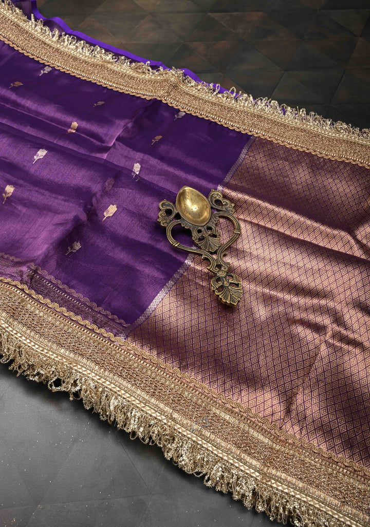 Purple Banarasi Pure Tissue Silk Saree with Sona Rupa Zari Buttas and Fancy Lace Trim Border | SILK MARK CERTIFIED